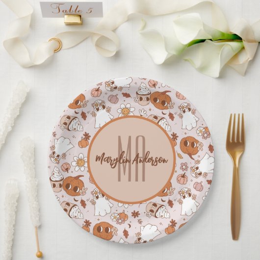 ハロウィーンレトロ溝状カボチャ及び幽霊たち ペーパープレート (ウェディング)