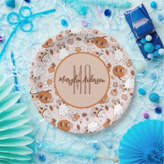 ハロウィーンレトロ溝状カボチャ及び幽霊たち ペーパープレート (パーティー)