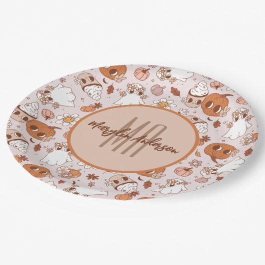 ハロウィーンレトロ溝状カボチャ及び幽霊たち ペーパープレート (アングル)