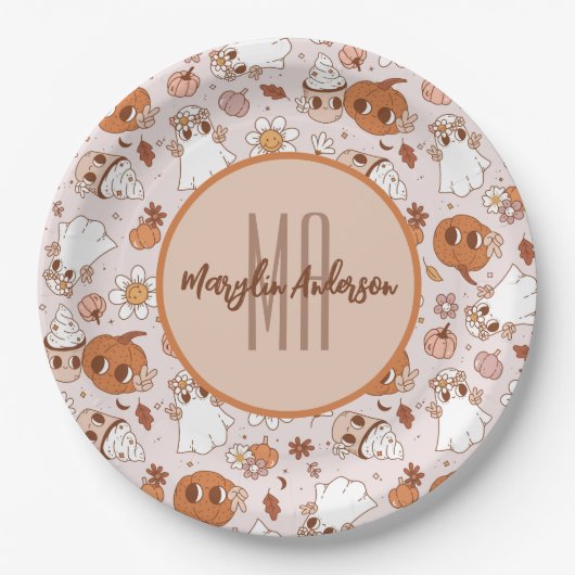 ハロウィーンレトロ溝状カボチャ及び幽霊たち ペーパープレート (正面)