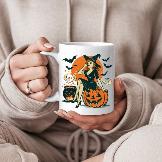 ハロウィーンヴィンテージウィッチオンパンプキンこうもりカルドロン コーヒーマグカップ