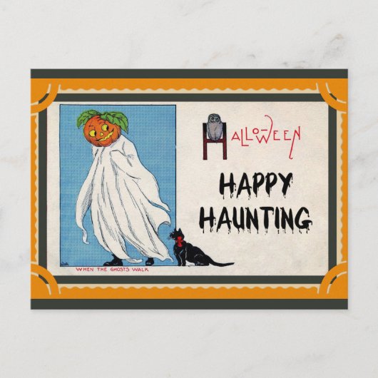 ハロウィーンヴィンテージカボチャ幽霊ハッピーハーティング ポストカード (正面)