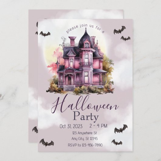 ハロウィーンヴィンテージゴシックハウスピンク 招待状 (正面/裏面)