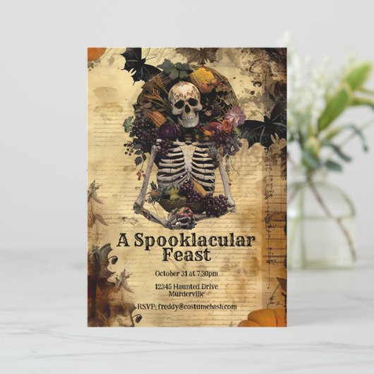 ハロウィーンヴィンテージスケルトン不気味ハーベストパーティー 招待状 (スタンド正面)