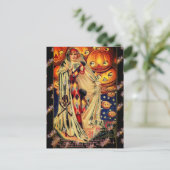 ハロウィーンヴィンテージレディハロウィーンのカボチャのちょうちんブラックオレンジ ポストカード (スタンド正面)