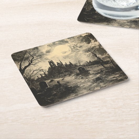 ハロウィーンヴィンテージ墓碑 スクエアペーパーコースター (アングル)