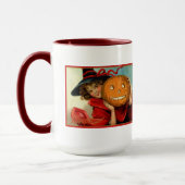 ハロウィーンヴィンテージ画像の若い女の子とパンプキング マグカップ (左)