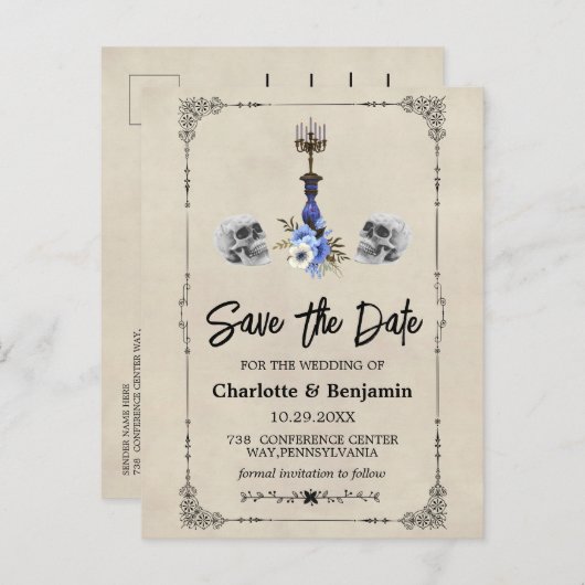 ハロウィーンヴィンテージ結婚式の日付を保存 案内ポストカード (正面/裏面)