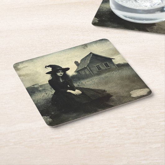 ハロウィーンヴィンテージ魔女 スクエアペーパーコースター (アングル)