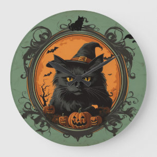 ハロウィーンヴィンテージ黒猫ラージクロック ラージ壁時計