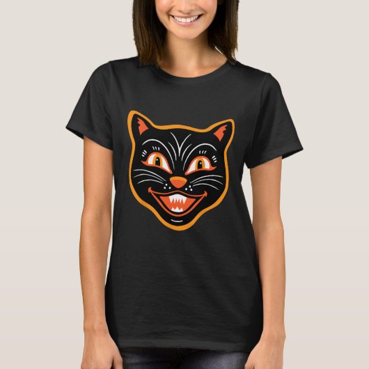 ハロウィーンヴィンテージ黒猫 Tシャツ (正面)