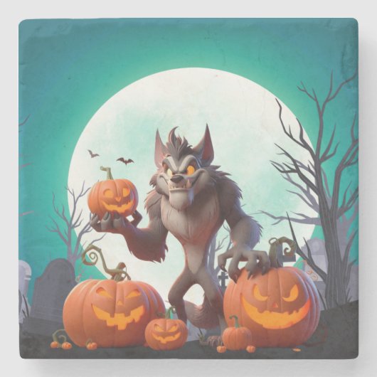 ハロウィーン人狼とカボチャ ストーンコースター (正面)
