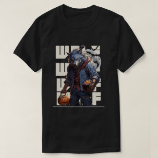 ハロウィーン人狼はカボチャをキャンディで持っている Tシャツ