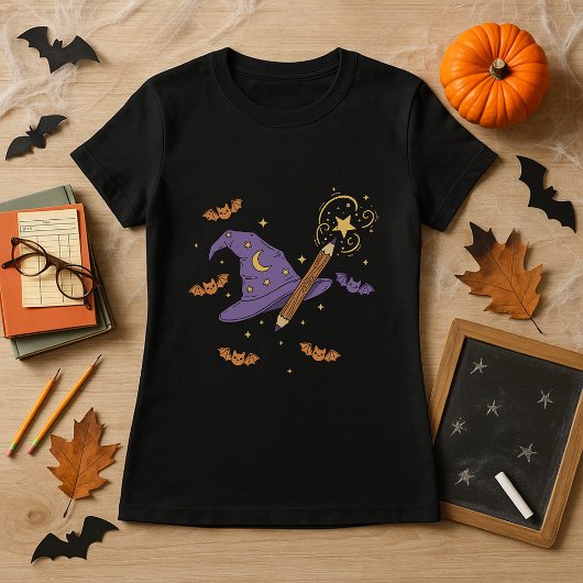 ハロウィーン先生へのギフト 魔法使いの帽子と杖 Tシャツ