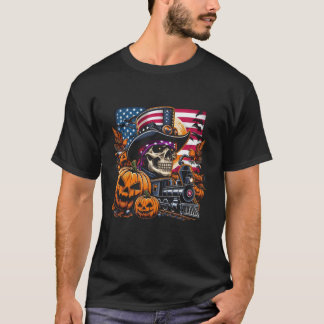 ハロウィーン列車とスカルとカボチャのアメリカンFl Tシャツ