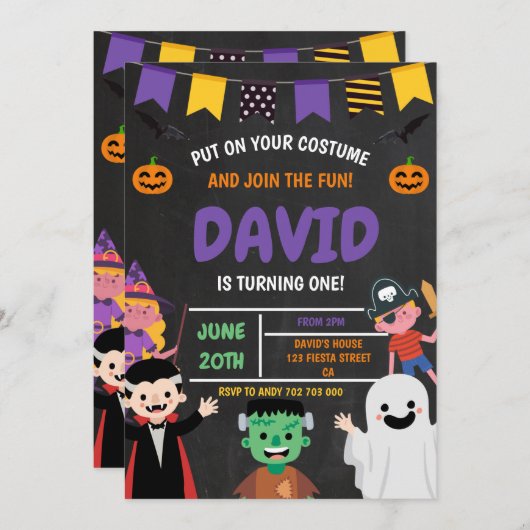 ハロウィーン初の誕生日パーティーの不気味衣装 招待状 (正面/裏面)