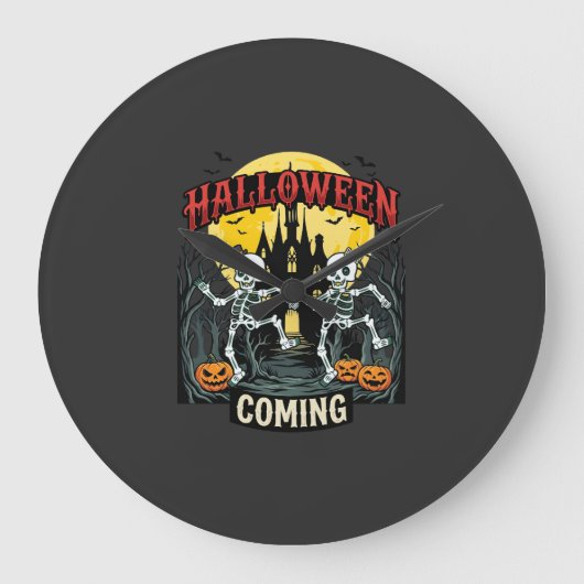 ハロウィーン到来ダンシングスケルトン城パンプキン ラージ壁時計 (正面)