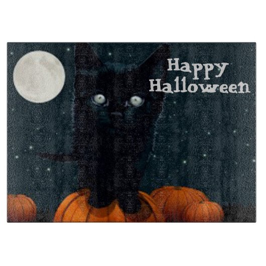 ハロウィーン化粧ガラス切断板/黒猫 カッティングボード (正面)