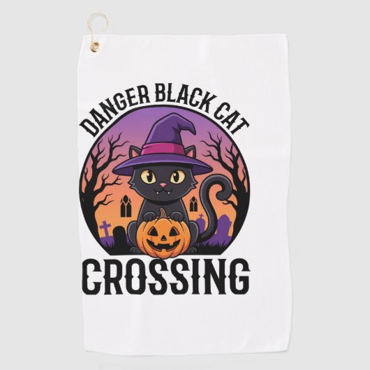 ハロウィーン危険黒猫横断 ゴルフタオル (正面)