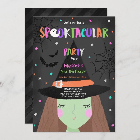 ハロウィーン可愛い魔女誕生パーティー·スプークタクル 招待状 (正面/裏面)
