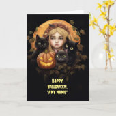 ハロウィーン名前をカスタムするかわいい黒猫と少女 カード (黄色い花)