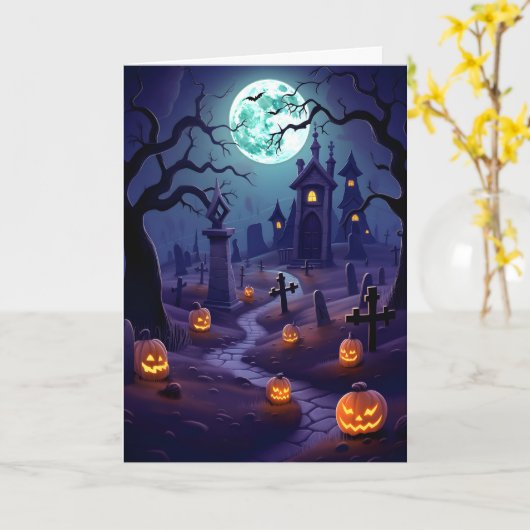 ハロウィーン墓地イラストレーション カード (黄色い花)