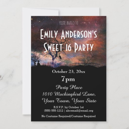 ハロウィーン墓地キャットコスチューム甘い16誕生日 招待状 (正面)