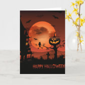 ハロウィーン墓地シーンかぼちゃのこうもり月 カード (黄色い花)