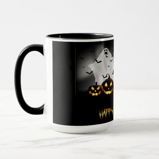 ハロウィーン墓地、幽霊ジャックオランタンとこうもり マグカップ (左)