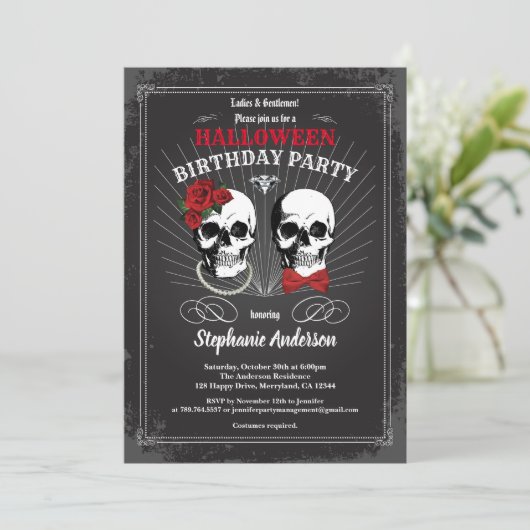 ハロウィーン大人の誕生日パーティーのゴシック色の黒の赤 招待状 (スタンド正面)
