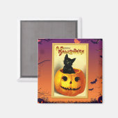 ハロウィーン子猫ジャックオランタンヴィンテージに座る マグネット (正面/裏面)