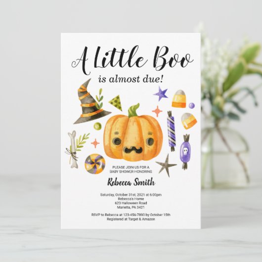 ハロウィーン小さなブーかぼちゃの赤ちゃんシャワー 招待状 (スタンド正面)
