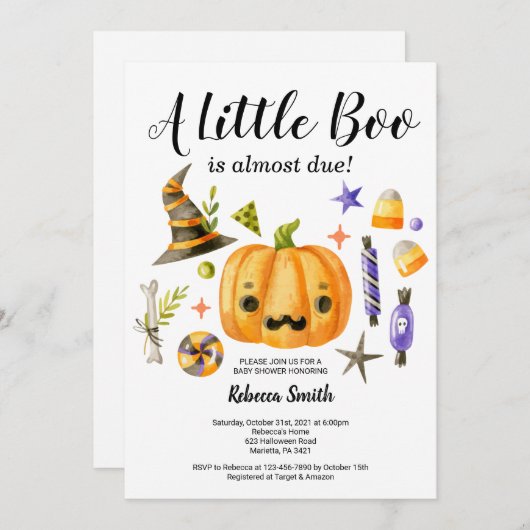 ハロウィーン小さなブーかぼちゃの赤ちゃんシャワー 招待状 (正面/裏面)