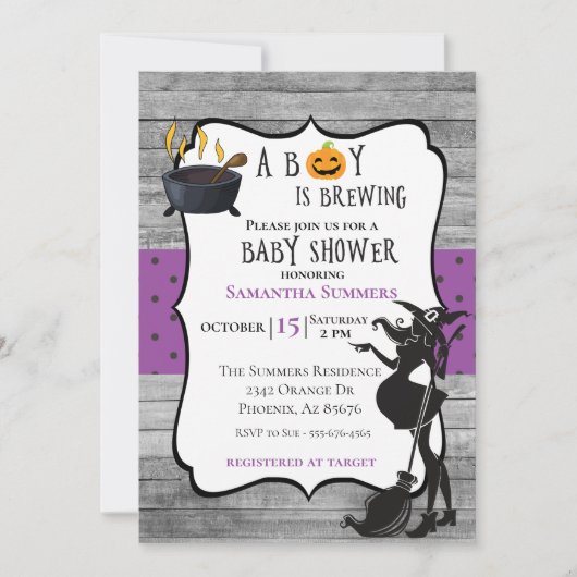ハロウィーン少年が魔女の赤ちゃんシャワーを醸造 招待状 (正面)