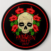 ハロウィーン年20xxスカル赤ハイビスカスブラック 缶バッジ (正面)