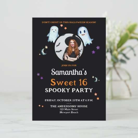 ハロウィーン幽霊おもしろいスイート16不気味パーティー写真 招待状 (スタンド正面)