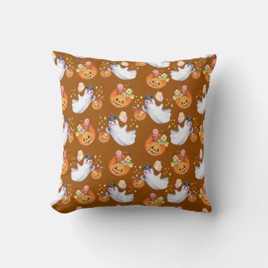 ハロウィーン幽霊とスイーツシームレスパターントートb クッション (正面)