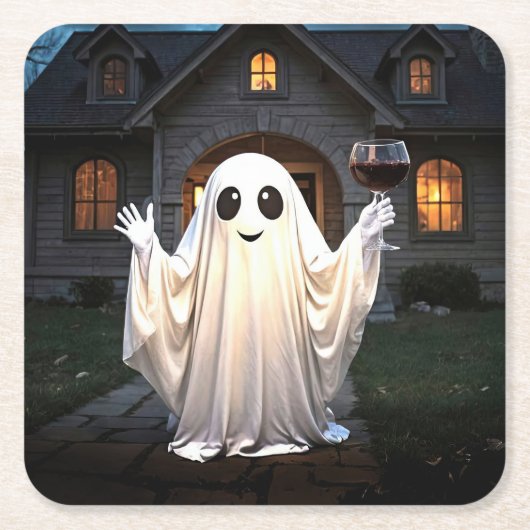ハロウィーン幽霊とワイン スクエアペーパーコースター (正面)