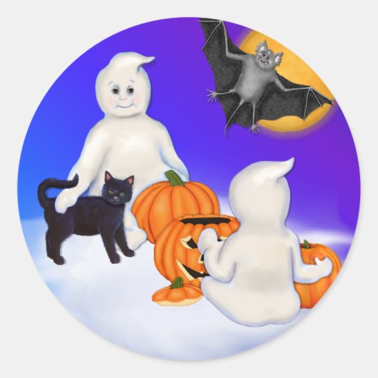 ハロウィーン幽霊と友人 ラウンドシール (正面)