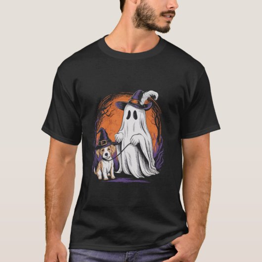 ハロウィーン幽霊と子犬ハロウィーンの衣装T Shi Tシャツ (正面)