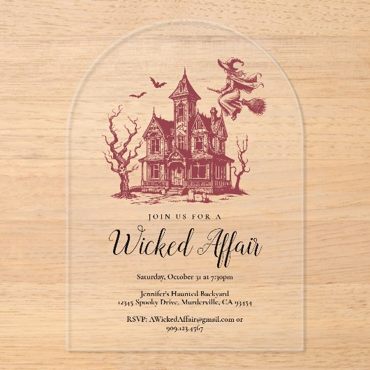 ハロウィーン幽霊のよく出るヴィンテージハウスウィッチこうもりパーティー アクリル招待状 (正面)