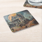 ハロウィーン幽霊のよく出るヴィンテージハウスゾンビ スクエアペーパーコースター (アングル)