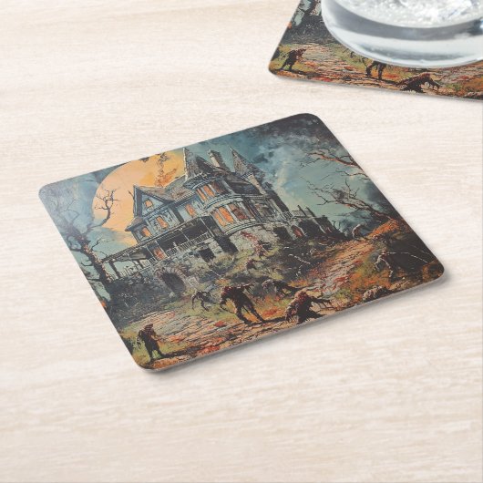 ハロウィーン幽霊のよく出るヴィンテージハウスゾンビ スクエアペーパーコースター (アングル)