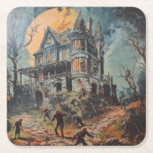ハロウィーン幽霊のよく出るヴィンテージハウスゾンビ スクエアペーパーコースター (正面)
