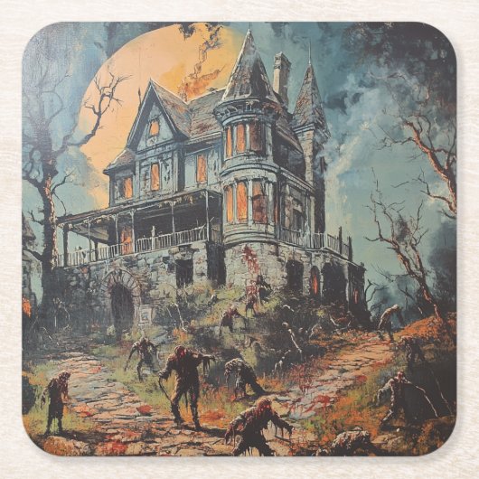 ハロウィーン幽霊のよく出るヴィンテージハウスゾンビ スクエアペーパーコースター (正面)