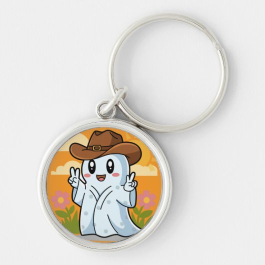 ハロウィーン幽霊の可愛いカウボーイおもしろい キーホルダー (正面)