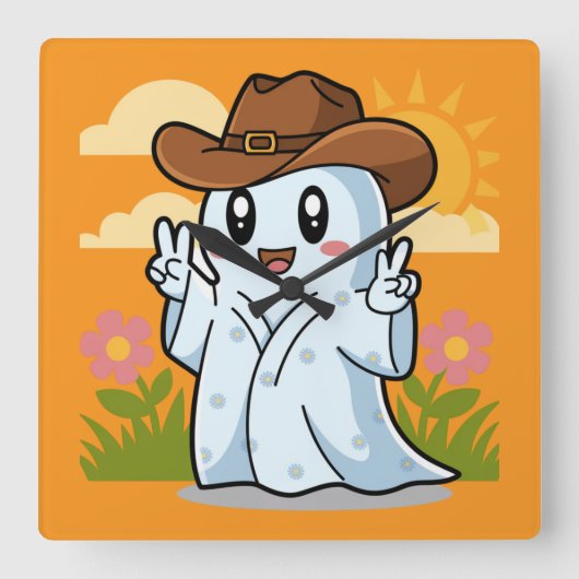 ハロウィーン幽霊の可愛いカウボーイおもしろい スクエア壁時計 (正面)