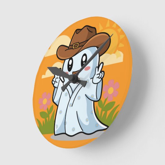 ハロウィーン幽霊の可愛いカウボーイおもしろい ラウンド壁時計 (傾斜)