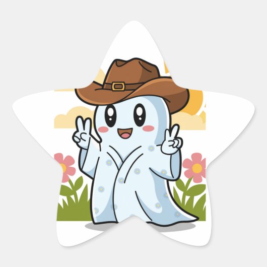 ハロウィーン幽霊の可愛いカウボーイおもしろい 星シール (正面)