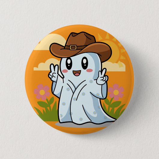 ハロウィーン幽霊の可愛いカウボーイおもしろい 缶バッジ (正面)